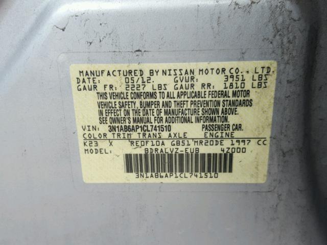 3N1AB6AP1CL741510 - 2012 NISSAN SENTRA 2.0 SILVER photo 10