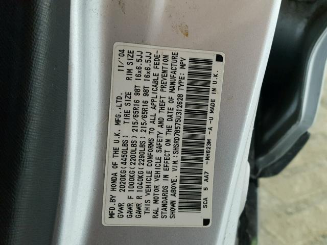 SHSRD78575U312628 - 2005 HONDA CR-V LX SILVER photo 10