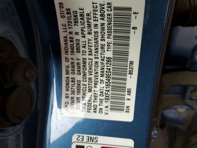 19XFA16549E041266 - 2009 HONDA CIVIC LX BLUE photo 10