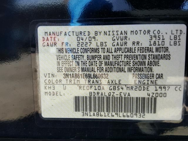 3N1AB61E69L660932 - 2009 NISSAN SENTRA 2.0 BLACK photo 10