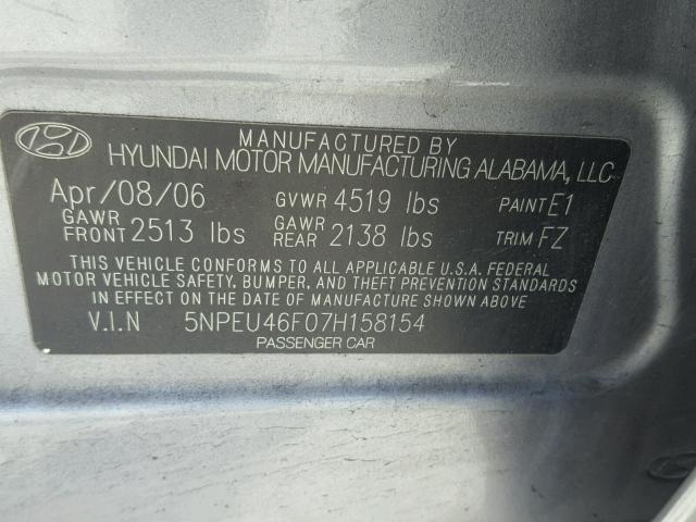 5NPEU46F07H158154 - 2007 HYUNDAI SONATA SE GRAY photo 10