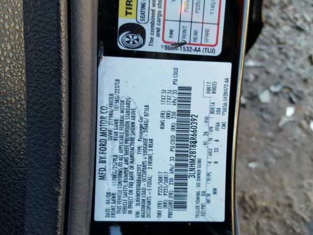 3LNHM28T88R660392 - 2008 LINCOLN MKZ BLACK photo 10