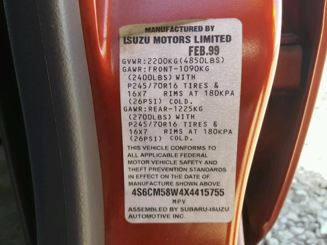 4S6CM58W4X4415755 - 1999 HONDA PASSPORT E RED photo 10