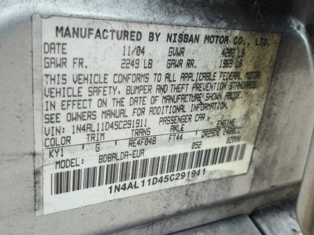 1N4AL11D45C291911 - 2005 NISSAN ALTIMA S CHARCOAL photo 10