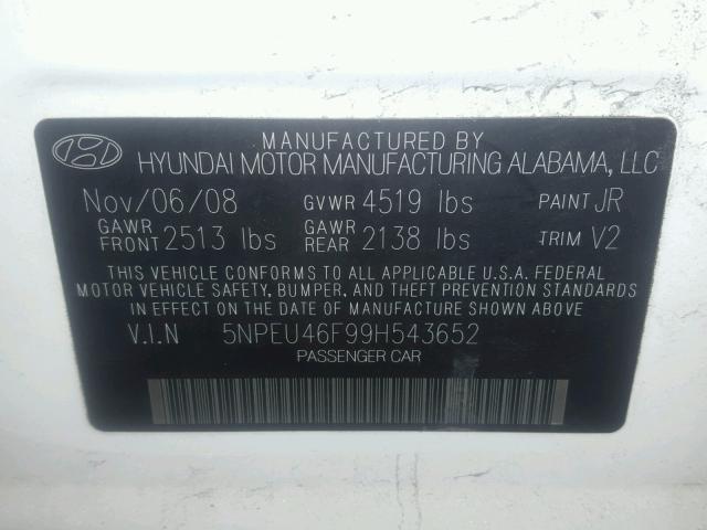 5NPEU46F99H543652 - 2009 HYUNDAI SONATA SE WHITE photo 10