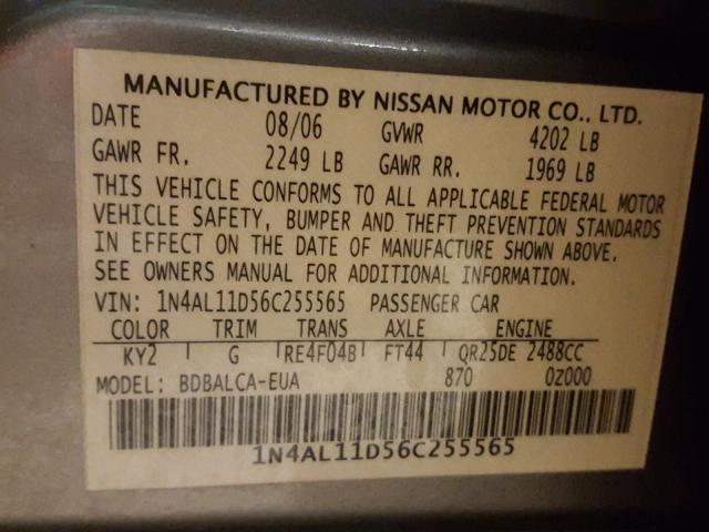 1N4AL11D56C255565 - 2006 NISSAN ALTIMA S BEIGE photo 10