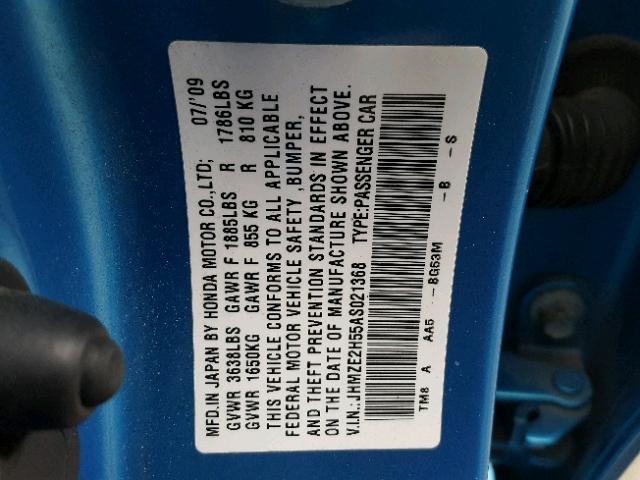 JHMZE2H55AS021368 - 2010 HONDA INSIGHT LX BLUE photo 10