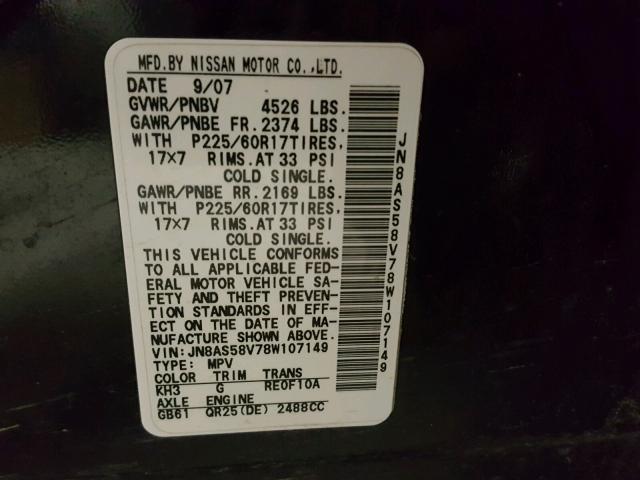 JN8AS58V78W107149 - 2008 NISSAN ROGUE S BLACK photo 10