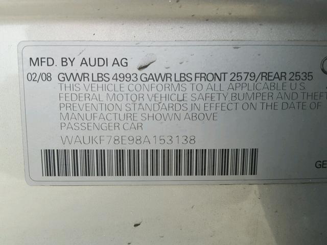 WAUKF78E98A153138 - 2008 AUDI A4 2.0T AV SILVER photo 10