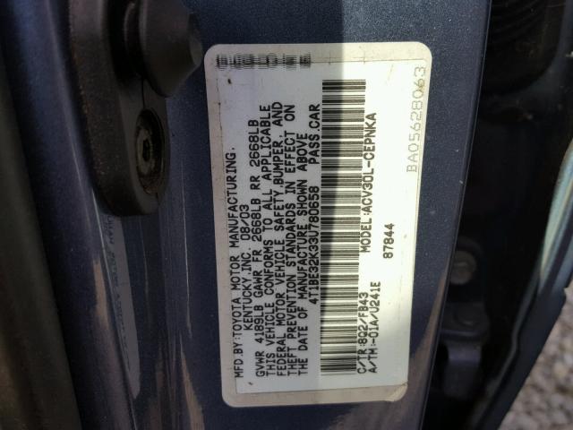 4T1BE32K33U780658 - 2003 TOYOTA CAMRY LE BLUE photo 10