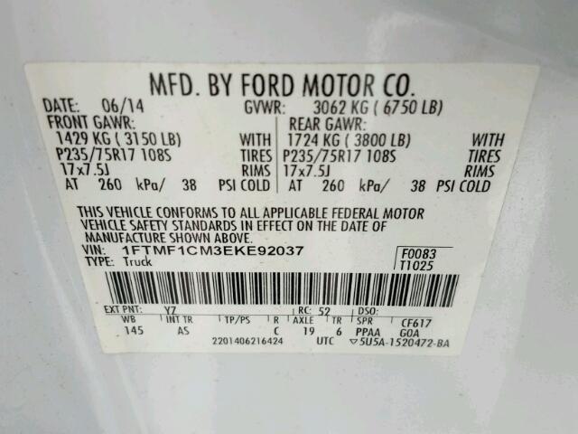 1FTMF1CM3EKE92037 - 2014 FORD F150 WHITE photo 10