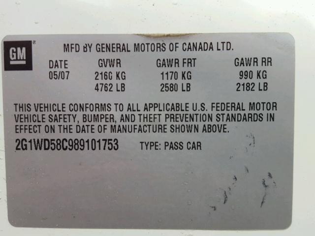 2G1WD58C989101753 - 2008 CHEVROLET IMPALA SUP WHITE photo 10