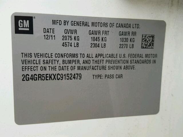 2G4GR5EKXC9152479 - 2012 BUICK REGAL WHITE photo 10