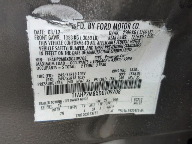 1FAHP2M8XDG109708 - 2013 FORD TAURUS POL CHARCOAL photo 10