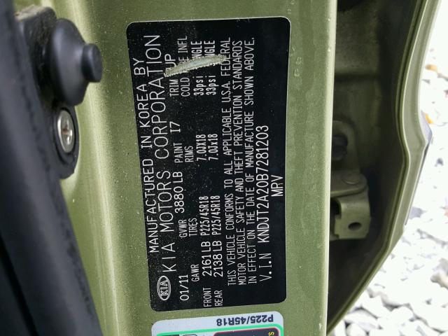 KNDJT2A20B7281203 - 2011 KIA SOUL GREEN photo 10