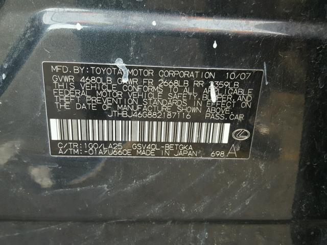 JTHBJ46G882187116 - 2008 LEXUS ES 350 CHARCOAL photo 10