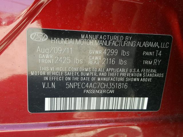 5NPEC4AC7CH351816 - 2012 HYUNDAI SONATA SE RED photo 10