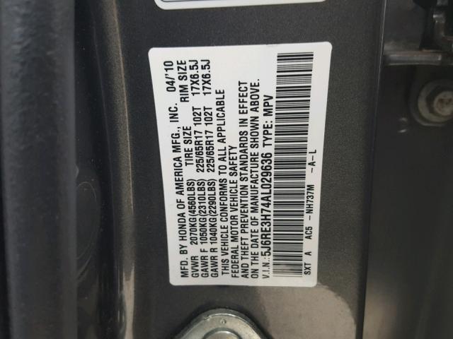 5J6RE3H74AL029636 - 2010 HONDA CR-V EXL GRAY photo 10