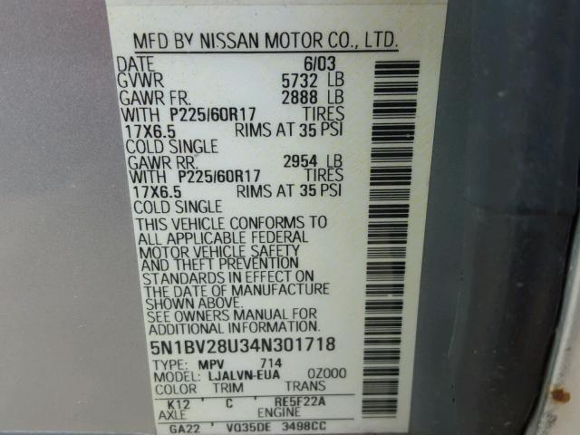 5N1BV28U34N301718 - 2004 NISSAN QUEST S SILVER photo 10