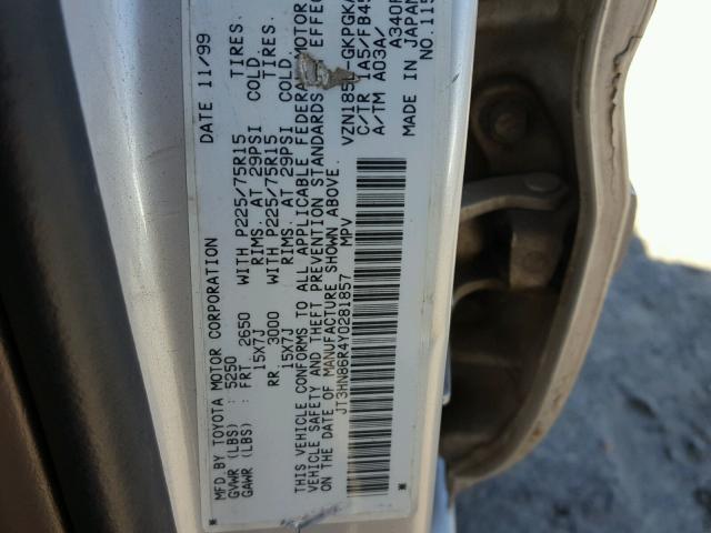 JT3HN86R4Y0281857 - 2000 TOYOTA 4RUNNER SR CREAM photo 10