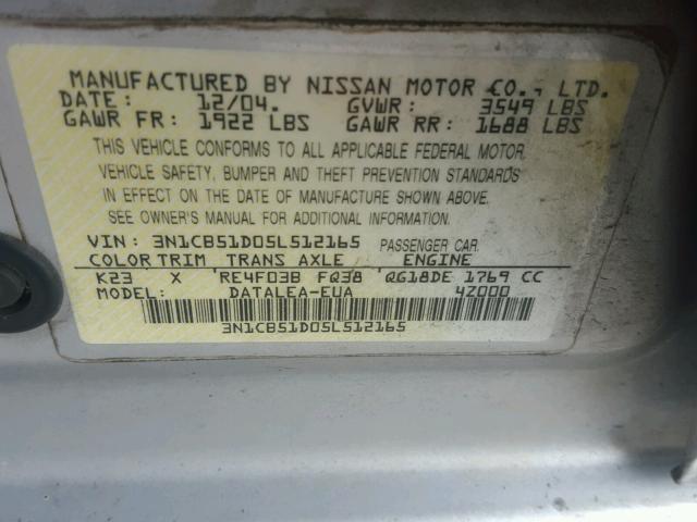 3N1CB51D05L512165 - 2005 NISSAN SENTRA 1.8 SILVER photo 10