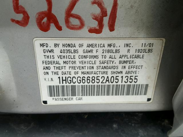 1HGCG66852A051355 - 2002 HONDA ACCORD EX SILVER photo 10