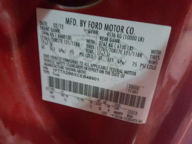 1FT7X2B6XCEB48901 - 2012 FORD F250 SUPER RED photo 10