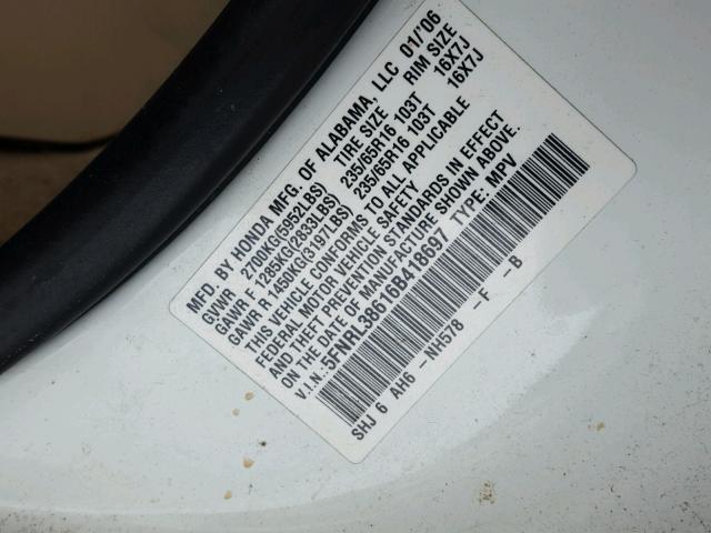 5FNRL38616B418697 - 2006 HONDA ODYSSEY EX WHITE photo 10