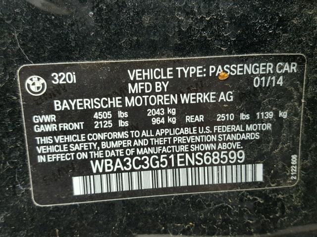 WBA3C3G51ENS68599 - 2014 BMW 320 I BLACK photo 10
