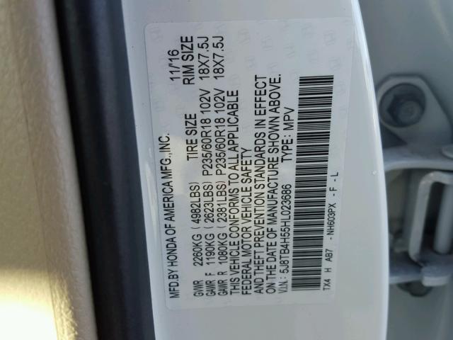 5J8TB4H55HL023686 - 2017 ACURA RDX TECHNO WHITE photo 10