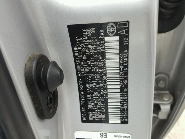 2T1BU4EE9BC597795 - 2011 TOYOTA COROLLA BA SILVER photo 10