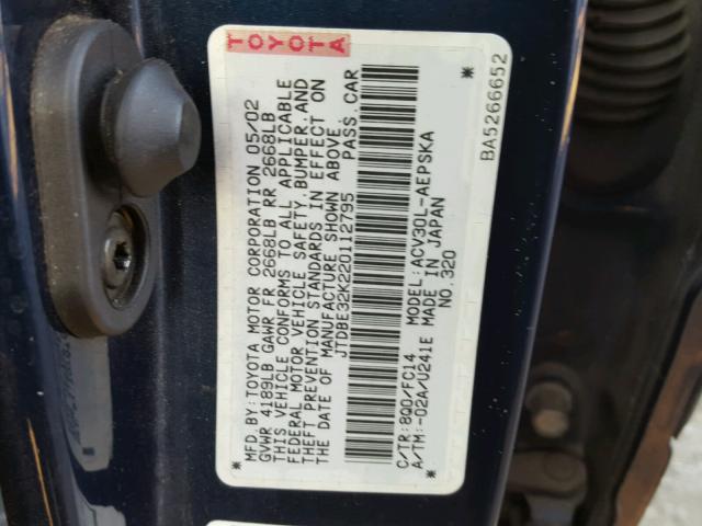 JTDBE32K220112795 - 2002 TOYOTA CAMRY LE BLUE photo 10