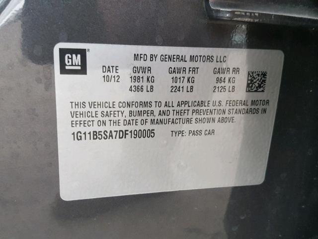 1G11B5SA7DF190005 - 2013 CHEVROLET MALIBU LS ნაცრისფერი ფოტო 10