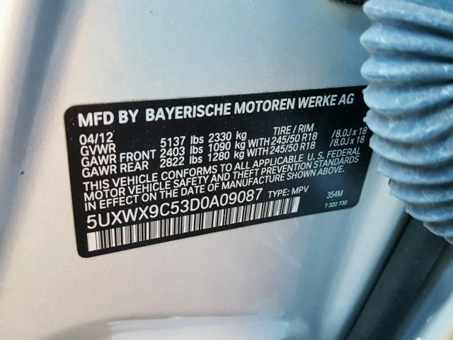 5UXWX9C53D0A09087 - 2013 BMW X3 XDRIVE2 SILVER photo 10