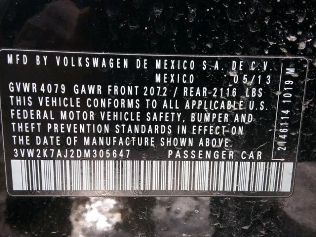3VW2K7AJ2DM305647 - 2013 VOLKSWAGEN JETTA BASE BLACK photo 10