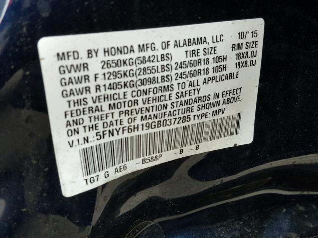 5FNYF6H19GB037285 - 2016 HONDA PILOT LX BLUE photo 10