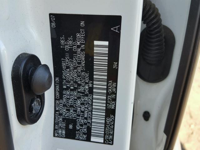 JTJBT20X180149583 - 2008 LEXUS GX 470 WHITE photo 10