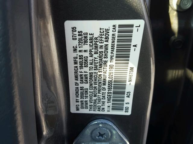 1HGES16555L026190 - 2005 HONDA CIVIC LX GRAY photo 10