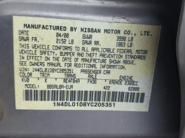 1N4DL01D8YC205351 - 2000 NISSAN ALTIMA XE GRAY photo 10