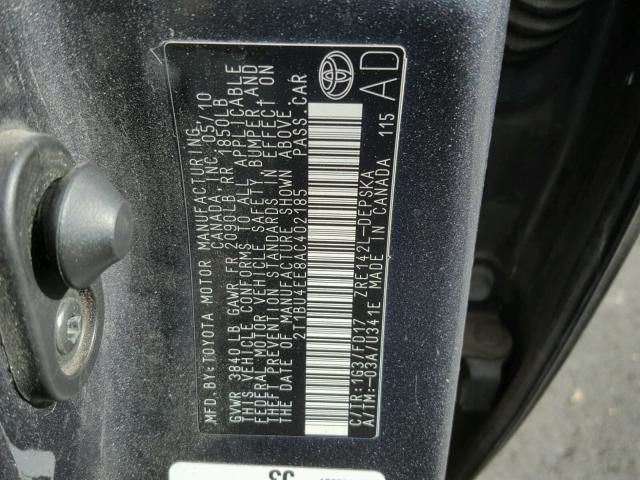 2T1BU4EE8AC402185 - 2010 TOYOTA COROLLA BA GRAY photo 10