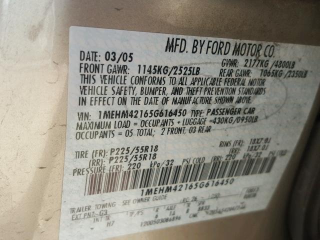 1MEHM42165G616450 - 2005 MERCURY MONTEGO PR 金色 照片 10