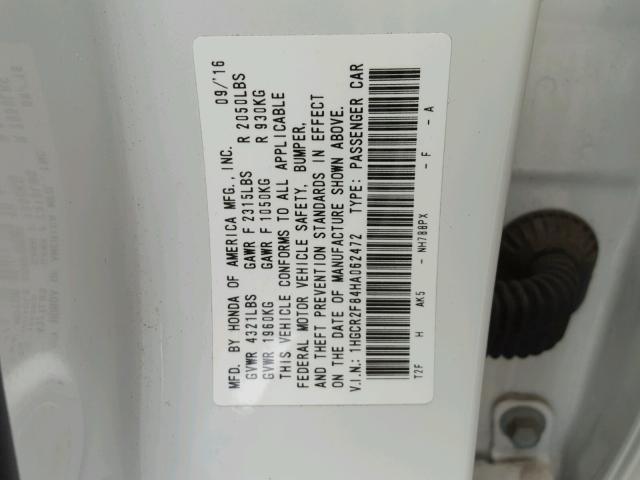 1HGCR2F84HA062472 - 2017 HONDA ACCORD EXL WHITE photo 10