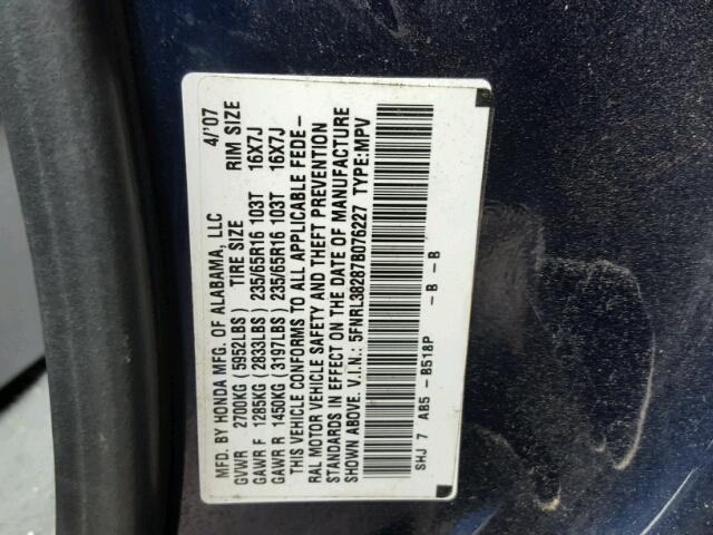 5FNRL38287B076227 - 2007 HONDA ODYSSEY LX BLUE photo 10