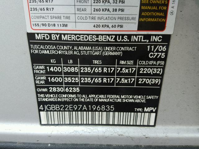 4JGBB22E97A196835 - 2007 MERCEDES-BENZ ML 320 CDI SILVER photo 10