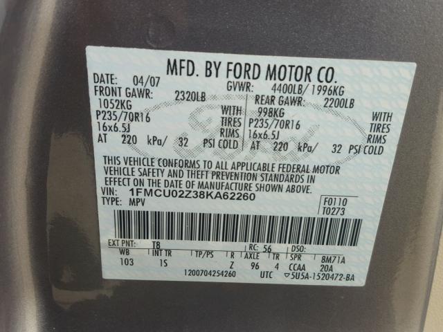 1FMCU02Z38KA62260 - 2008 FORD ESCAPE XLS SILVER photo 10