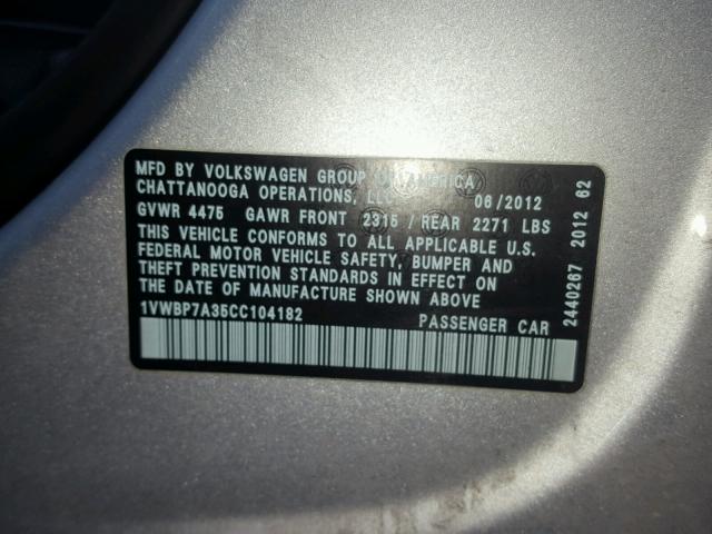 1VWBP7A35CC104182 - 2012 VOLKSWAGEN PASSAT SE SILVER photo 10