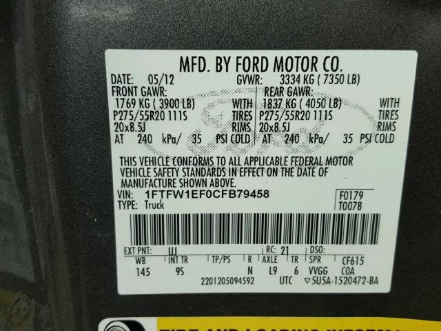 1FTFW1EF0CFB79458 - 2012 FORD F150 SUPER GRAY photo 10