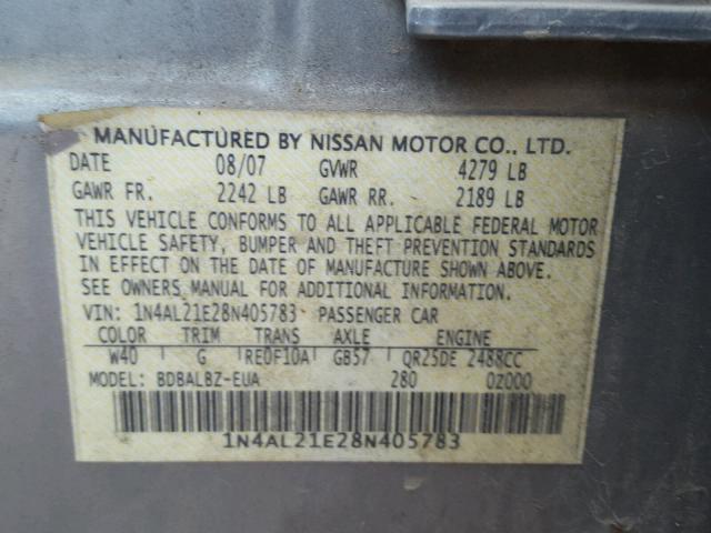 1N4AL21E28N405783 - 2008 NISSAN ALTIMA 2.5 GRAY photo 10