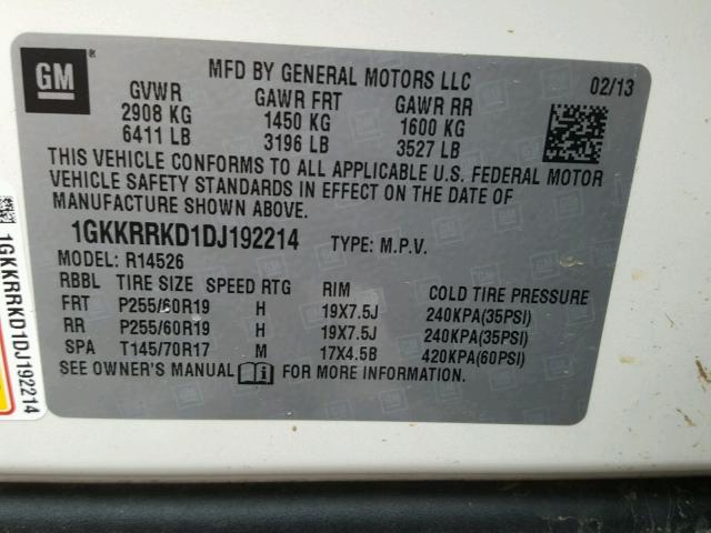 1GKKRRKD1DJ192214 - 2013 GMC ACADIA SLT თეთრი ფოტო 10