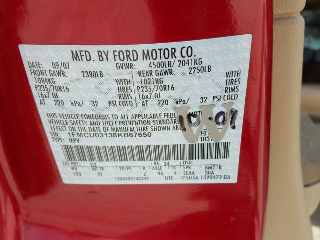 1FMCU03138KB67650 - 2008 FORD ESCAPE XLT RED photo 10